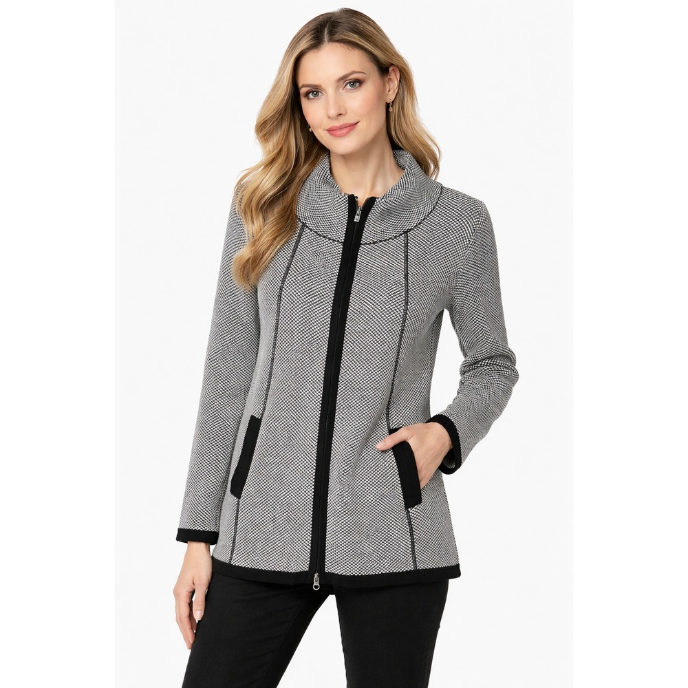Adrienne Vittadini Woman 1X Black White Houndstooth Zip Front Cardigan Jacket